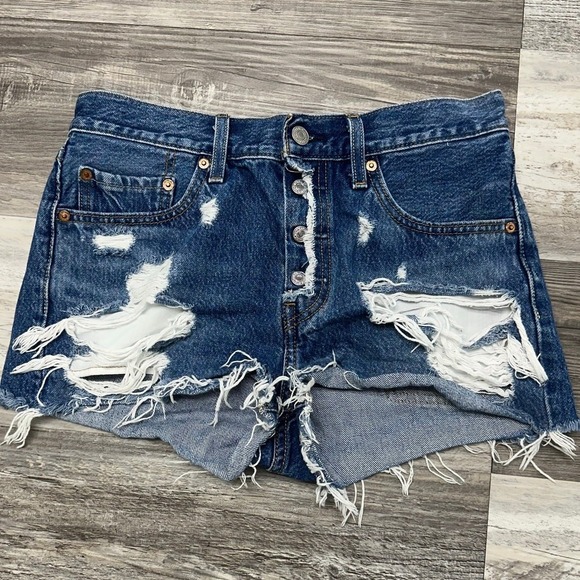 Levis 501 Blue Women 27 Button Fly Distressed Ripped Cut Off Jean Shorts Red Tab - Picture 1 of 11